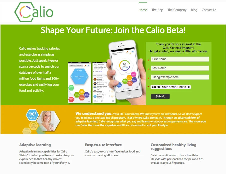 Calio beta signup landing page